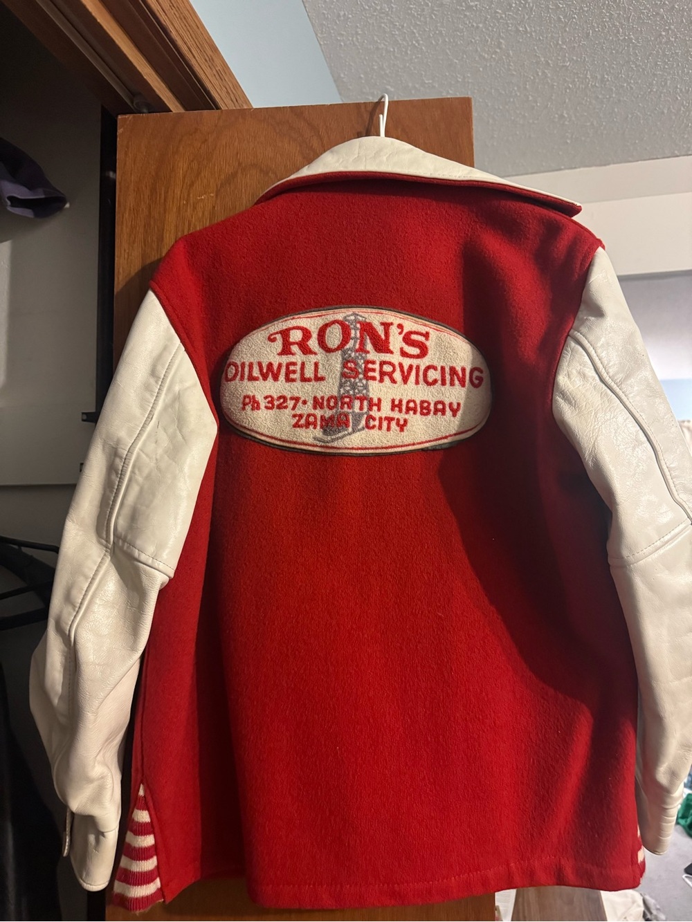 Ron’s Oilwell Servicing Red Wool Varsity Jacket with White Leather Sleeves